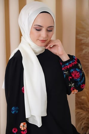 Abiye Janjan Parlak Saten Dokulu Tesettür Abiye Şifon Ekru Şal