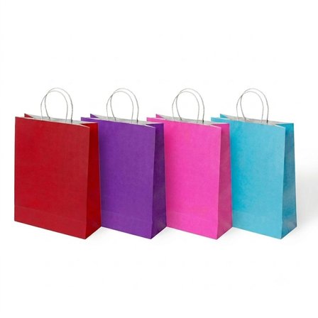 Büküm Saplı 15x20x8cm Kraft- Kağıt Poşet 4 Farklı Renk x 6 Adet -Pakette 24 Adet-