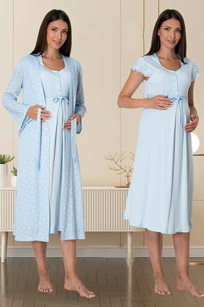 Kadın Mavi Sabahlıklı Hamile Lohusa Gecelik Takımı (Mavi/XL)-BS6015EF-869BST0010312