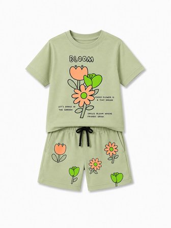 Kız Çocuk Bloom Baskılı Şortlu Takım Yazlık Çiçek Desenli Alt Üst İkili Takım