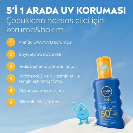 NIVEA SUN SPF50+ Çocuklar İçin Yüksek Güneş Koruyucu Vücut Spreyi 200ml,Ekstra Suya Dayanıklı,E&amp;C Vitamini