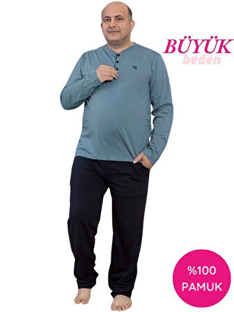 Erkek Büyük Beden 3 Düğmeli %100 Pamuk Mevsimlik Uzun Kollu Cepli Pijama Takımı