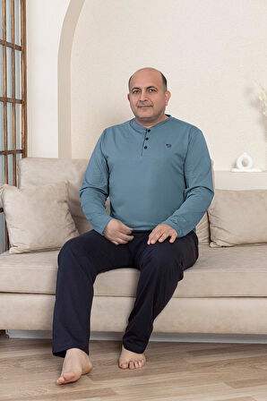 Erkek Büyük Beden 3 Düğmeli %100 Pamuk Mevsimlik Uzun Kollu Cepli Pijama Takımı