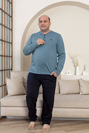 Erkek Büyük Beden 3 Düğmeli %100 Pamuk Mevsimlik Uzun Kollu Cepli Pijama Takımı