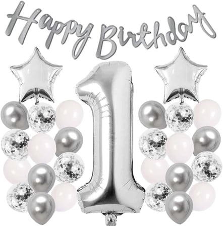Gumus Konsept Dogum Gunu Kutlama Seti Beyaz Gumus Konfetili Balon Rakam Yıldız Folyo ve Banner (1 Yaş)