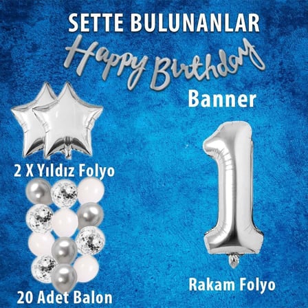 Gumus Konsept Dogum Gunu Kutlama Seti Beyaz Gumus Konfetili Balon Rakam Yıldız Folyo ve Banner (1 Yaş)