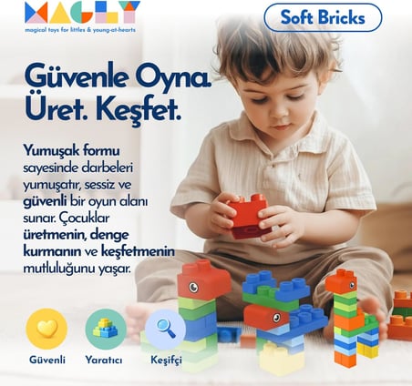Magly Soft Bricks Yumuşak Yapı Blokları - Çocuklar İçin Renkli Esnek 42 Parça Yapı Blok Seti