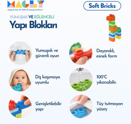 Magly Soft Bricks Yumuşak Yapı Blokları - Çocuklar İçin Renkli Esnek 42 Parça Yapı Blok Seti