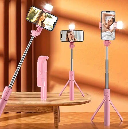 RENKLİ Selfie Uzaktan Kumandalı Ayarlanabilir Selfie Çubuğu 60CM Işıklı tripod -PEMBE-