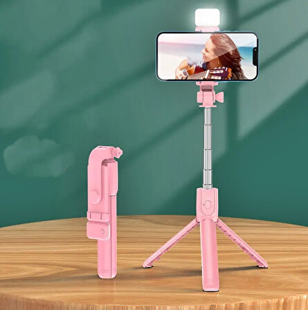 RENKLİ Selfie Uzaktan Kumandalı Ayarlanabilir Selfie Çubuğu 60CM Işıklı tripod -PEMBE-