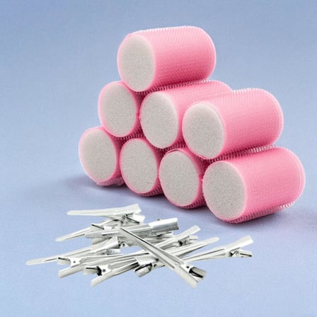 Croc 1207 Pembe Cırtlı Sünger Bigudi 8Li Çap 4Cm + 12Li Alüminyum Saç Pensi