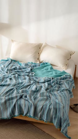 Boho Çizgili Yatak Örtüsü 4 Katlı Müslin%100 Pamuk Yumuşak Lüks Yazlık Pike Çift Kişilik Battal Boy 240x260 cm (Gri)