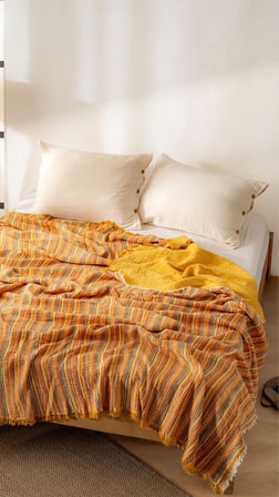 Boho Çizgili Yatak Örtüsü 4 Katlı Müslin%100 Pamuk Yumuşak Lüks Yazlık Pike Çift Kişilik Battal Boy 240x260 cm (Gri)