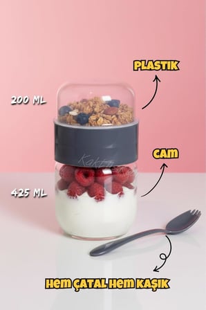 Kaşıklı Çatallı Cam Öğün Bardağı - Yemek Taşıma Ve Saklama Kabı - Müsli Kabı 625 Ml Antrasit, 7480000717855