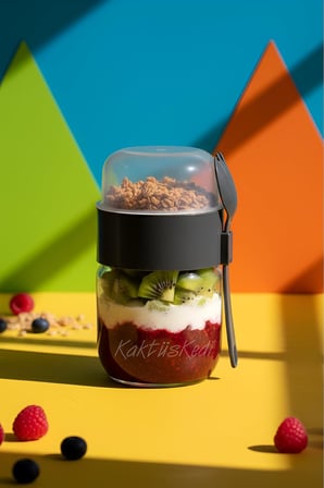 Kaşıklı Çatallı Cam Öğün Bardağı - Yemek Taşıma Ve Saklama Kabı - Müsli Kabı 625 Ml Antrasit, 7480000717855