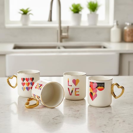 Gold Saplı Porselen Kalp Kupa - 400 ml Büyük Boy Lüks Tasarım - 4 Farklı Modelden Biri (Sürpriz/Asorti) - Altın Yaldızlı Şık Hediyelik Mug