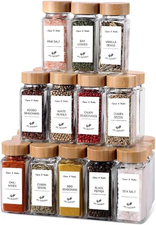 12'li Bambu ve Akasya Kapaklı Cam Baharatlık Seti 120 ml - Doğal Ahşap Kapaklı, Şeffaf Cam, Sağlıklı ve Şık Baharat Kavanozları (Bambu Kapak)