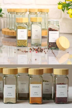 12'li Bambu ve Akasya Kapaklı Cam Baharatlık Seti 120 ml - Doğal Ahşap Kapaklı, Şeffaf Cam, Sağlıklı ve Şık Baharat Kavanozları (Bambu Kapak)