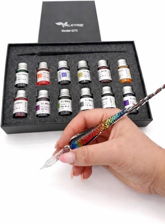 Gökkuşağı Cam Kalem Seti 12 Renk Mürekkep Hediyeli – Kristal Dip Pen Kaligrafi, Sanat ve Hobi Kalemi