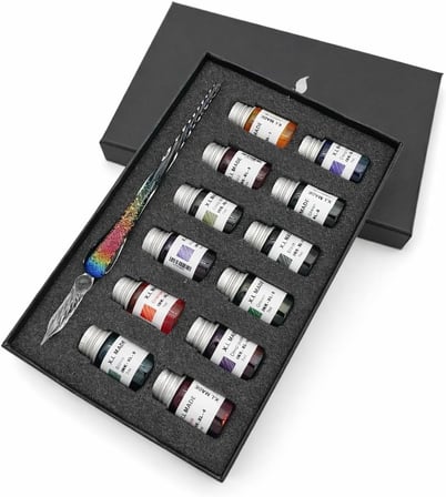 Gökkuşağı Cam Kalem Seti 12 Renk Mürekkep Hediyeli – Kristal Dip Pen Kaligrafi, Sanat ve Hobi Kalemi