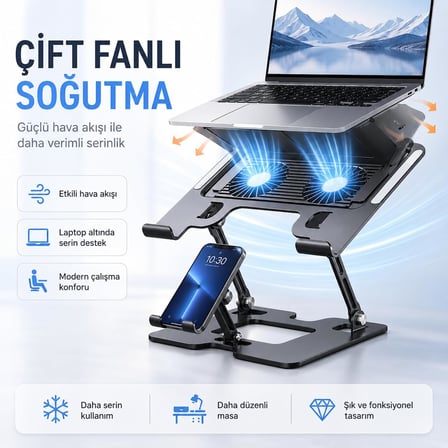 Coverzone Karbon Çelik 3 in 1 Notebook, Tablet ve Telefon Standı, 12.9-17 inç Laptop ve Tablet İçin 2 Fanlı Soğutuculu Ergonomik Yükseltici, 4.7-12.9 inç Telefon Tutucu, L07