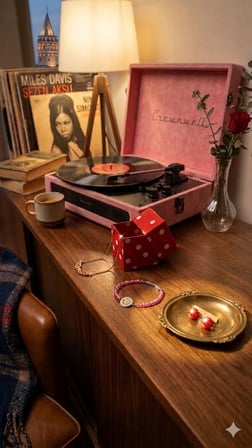 Casablanca Serisi Retro Çanta Pikap – Pembe Süet Kaplama, Dahili Hoparlörlü, 3 Hızlı (33/45/78 RPM), Bluetooth Bağlantılı, Taşınabilir Vintage Plak Çalar