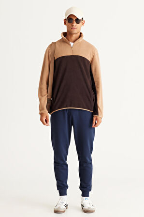 Erkek Sutlu Kahve-kahve Standart Fit Normal Kesim Günlük Rahat Çift Renkli Polar Spor Sweatshirt