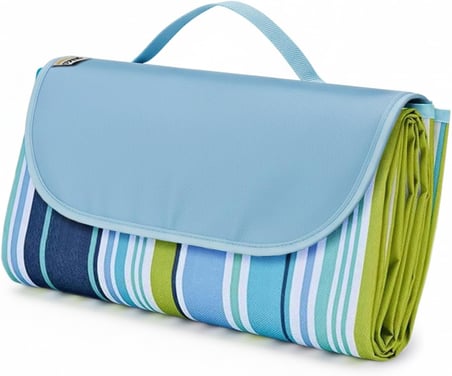 Piknik Örtüsü, Çanta Kamp Matı, Plaj Matı, Piknik Yer Örtüsü, Seyahat, Kamp, Outdoor, Park Çim Kum Tutmaz, Su Geçirmez, Kullanışlı Çanta Model, Katlanabilir 200x150cm - Mavi Yeşil Çizgiler