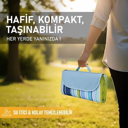 Piknik Örtüsü, Çanta Kamp Matı, Plaj Matı, Piknik Yer Örtüsü, Seyahat, Kamp, Outdoor, Park Çim Kum Tutmaz, Su Geçirmez, Kullanışlı Çanta Model, Katlanabilir 200x150cm - Mavi Yeşil Çizgiler