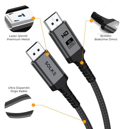 8K DisplayPort 1.4 Kablo 2M – 8K 60Hz 4K 144Hz 2K 240Hz 32.4Gbps G-Sync FreeSync Uyumlu Oyuncu Monitör Kablosu, Örgülü Alüminyum