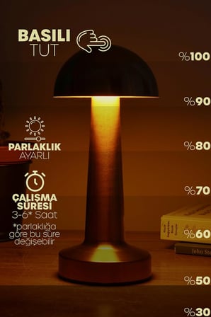 Şarjlı Mantar Masa Lambası Metal Dokunmatik 3 Işık Parlaklık Ayarlı Gece Masa Üstü Lamba (Bakır A4)