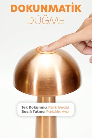 Şarjlı Mantar Masa Lambası Metal Dokunmatik 3 Işık Parlaklık Ayarlı Gece Masa Üstü Lamba (Bakır A4)