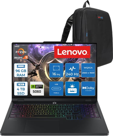 Lenovo Legion Pro 5 16ADR10 Amd Ryzen™ 9 8940HX Aı 96GB Ddr5 4tb SSD RTX5060/8GB 115W 16" Wqxga (2560X1600) IPS 500NITS 240Hz Hdr™ 400 Freedos Gaming Bilgisayar 83LT005RTRF35+ZETTAÇANTA