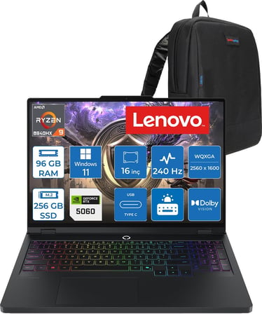 Lenovo Legion Pro 5 16ADR10 Amd Ryzen™ 9 8940HX Aı 96GB Ddr5 256GB SSD RTX5060/8GB 115W 16" Wqxga (2560X1600) IPS 500NITS 240Hz Hdr™ 400 WIN11PRO Gaming Bilgisayar 83LT005RTRP31+ZETTAÇANTA