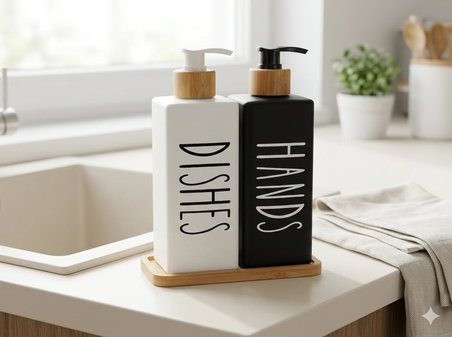 Premium Mat Siyah &amp; Beyaz Mutfak Sabunluk Seti - Bambu Tepsili 2x450ml Bulaşık Deterjanı ve Sıvı Sabun Pompası (Hands &amp; Dishes)