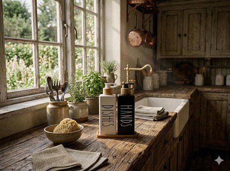 Premium Mat Siyah &amp; Beyaz Mutfak Sabunluk Seti - Bambu Tepsili 2x450ml Bulaşık Deterjanı ve Sıvı Sabun Pompası (Hands &amp; Dishes)