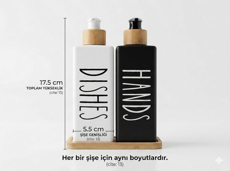Premium Mat Siyah &amp; Beyaz Mutfak Sabunluk Seti - Bambu Tepsili 2x450ml Bulaşık Deterjanı ve Sıvı Sabun Pompası (Hands &amp; Dishes)