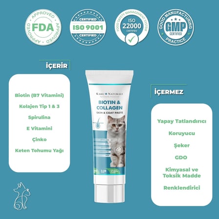 Kahu Naturals Biyotin &amp; Kolajen Deri ve Tüy Sağlığı Kedi Maltı, Spirulina İçerikli, Tüy Dökülme Karşıtı 100 ml