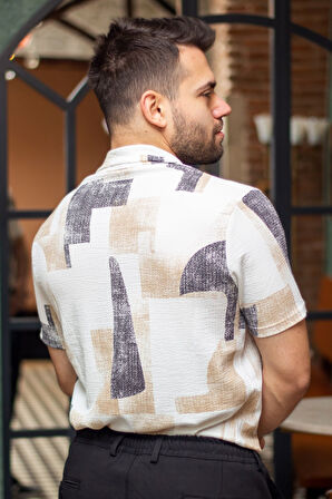 Erkek Sarı Beyaz Batik Desen Esnek Krep Bürümcük Kumaş İnce Gömlek 25EGMLGIMM