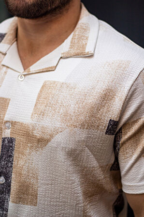 Erkek Sarı Beyaz Batik Desen Esnek Krep Bürümcük Kumaş İnce Gömlek 25EGMLGIMM