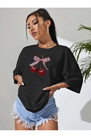 Unisex Kiraz Kurdele Özel Tasarım Ön Baskılı Tasarım Tshirt