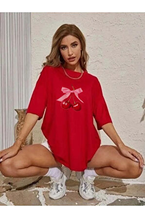 Unisex Kiraz Kurdele Özel Tasarım Ön Baskılı Tasarım Tshirt