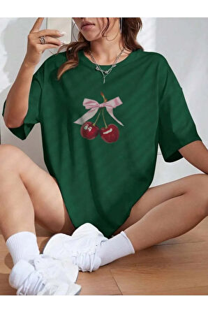 Unisex Kiraz Kurdele Özel Tasarım Ön Baskılı Tasarım Tshirt