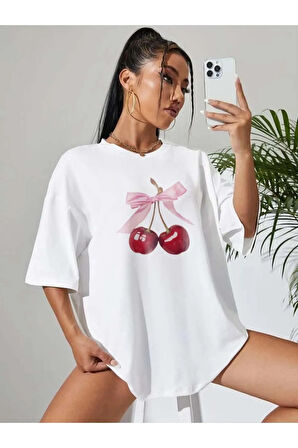 Unisex Kiraz Kurdele Özel Tasarım Ön Baskılı Tasarım Tshirt