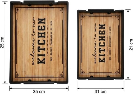 DEİNHAUS Dekoratif Servis Tepsisi Seti, Ahşap Desenli, Siyah Çerçeveli, 2'li Set, 35x25 cm ve 31x21 cm, Mutfak ve Cafe Temalı