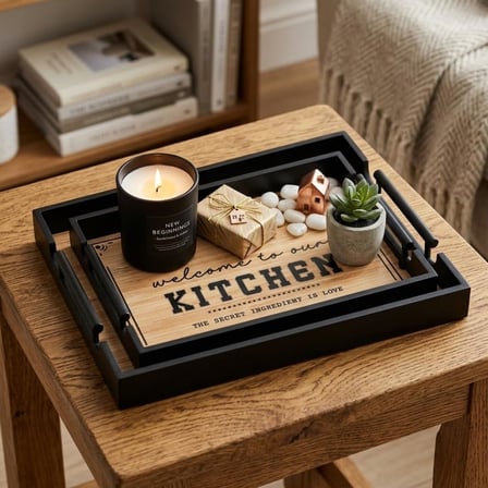 DEİNHAUS Dekoratif Servis Tepsisi Seti, Ahşap Desenli, Siyah Çerçeveli, 2'li Set, 35x25 cm ve 31x21 cm, Mutfak ve Cafe Temalı