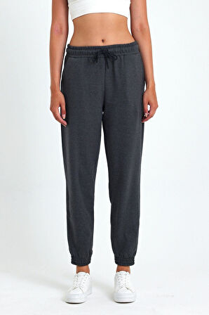 Kadın Antrasit Pamuklu Kalın Paçası Lastikli Yüksek Bel Rahat Jogger Eşofman Altı