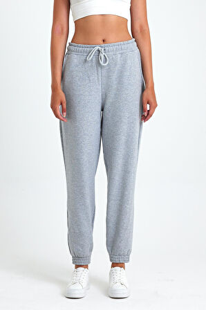 Kadın Gri Pamuklu Kalın Paçası Lastikli Yüksek Bel Rahat Jogger Eşofman Altı