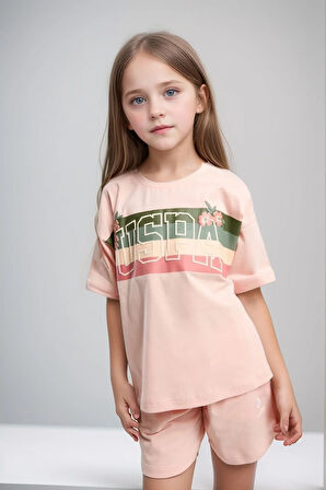 Kız Çocuk %100 Pamuklu Günlük T-Shirt & Şort İkili Takım US01.LL.01.P4.O021