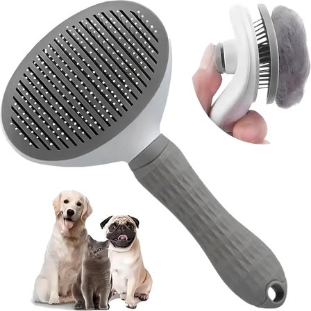 SOGUD Gri Otomatik Temizlenen Tüy Toplama Tarağı – Basmalı Mekanizmalı Kedi ve Köpek Tarak – Çelik İğneli, Cilt Dostu, Ergonomik Saplı – Uzun ve Kısa Tüyler İçin Bakım